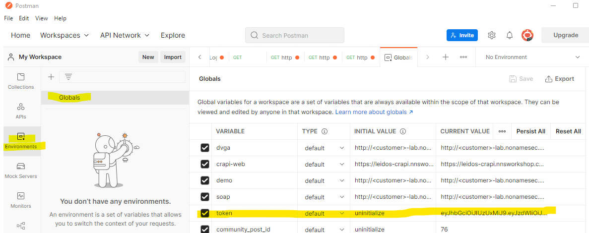 Screenshot of postman showing bearer token in globals